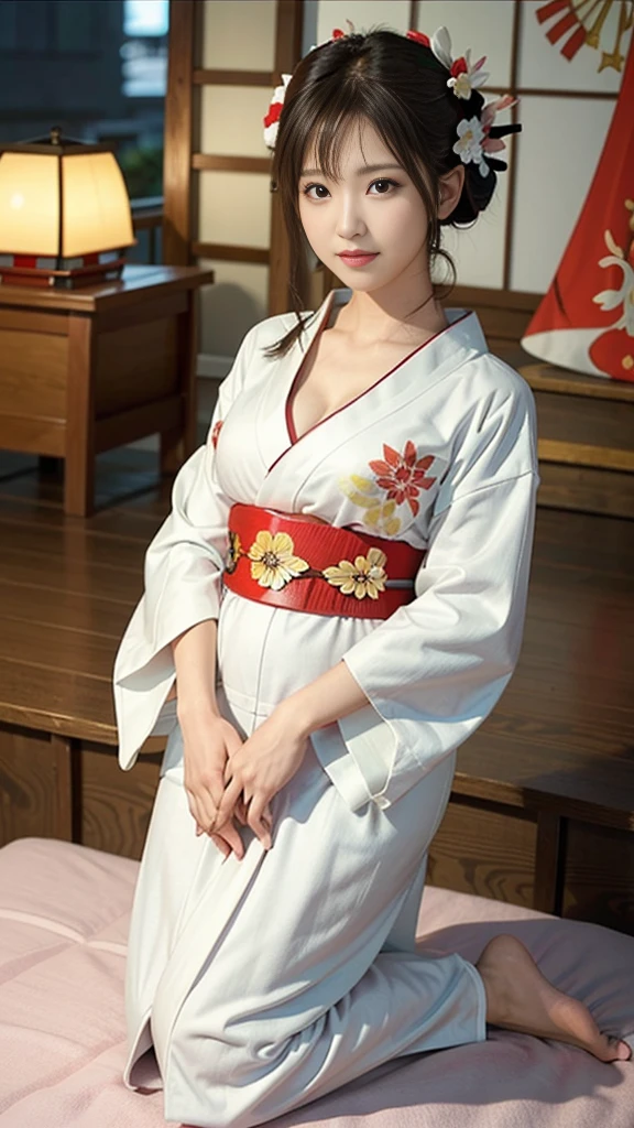 (Tabletop, Highest quality:1.4), Beautiful Face, 8K, 85mm, Absurd, (white kimono、kimono、Shrine maiden:1.4), Show your whole body, Side angle、Show your shoulders,Cleavage of the breast、To the camera、 Viola Lace, Gardenia, Delicate girl, alone, night, Looking at the audience, Film Grain, chromatic aberration, Sharp focus, Face Light, Professional Lighting, Sophisticated, (smile:0.4), Cleavage, (Simple Background, Background blur:1.2), Detailed aspect、Huge breasts