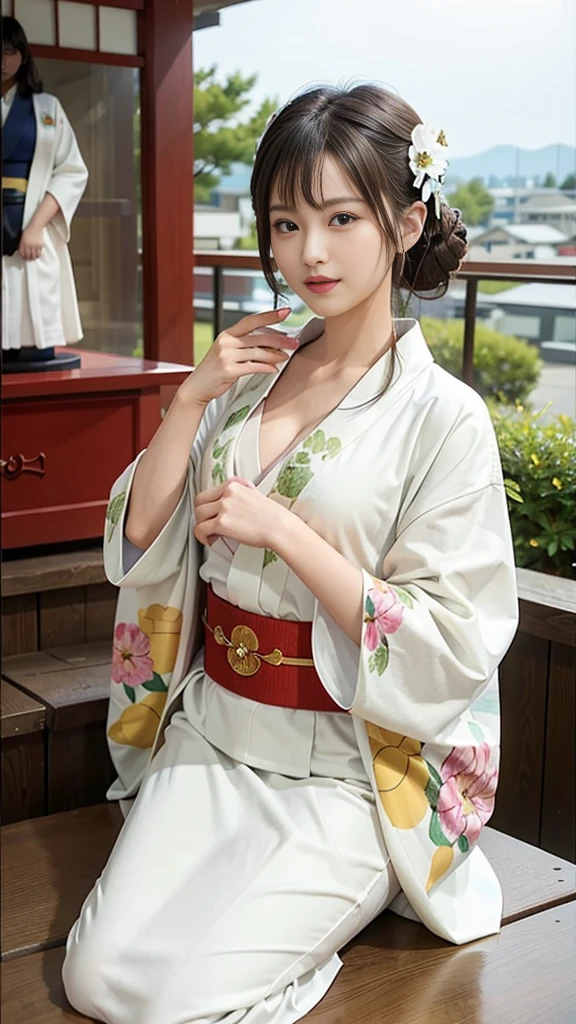 (Tabletop, Highest quality:1.4), Beautiful Face, 8K, 85mm, Absurd, (white kimono、kimono、Shrine maiden:1.4), Show your whole body, Side angle、Show your shoulders,Cleavage of the breast、To the camera、 Viola Lace, Gardenia, Delicate girl, alone, night, Looking at the audience, Film Grain, chromatic aberration, Sharp focus, Face Light, Professional Lighting, Sophisticated, (smile:0.4), Cleavage, (Simple Background, Background blur:1.2), Detailed aspect、Huge breasts