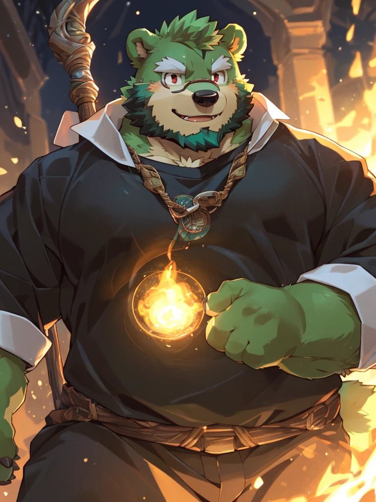 anthro, kemono, male, solo, ((round face, very plump face, thick beard)), (((dark beard))), ((endomorph body type, old-aged)), ((green bear, bear) fluffy fur, fluffy), (at old ruin, dungeons), bokeh, (high quality, highres, masterpiece), (dynamic lighting, vivid color), (generous smile), (face focus), front view (close up), cartoon, (((green bear))), (((green fur))), green hair, beard, white eyebrows, bald, detailed red eyes, tall, mage staff, magic, (black t-shirt inside), (((white unhooded trench coat ))), by zixiong, by takemoto arashi, by zixiong, (by null-ghost:0.8), (by t.y.stars:0.4)