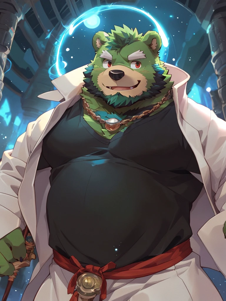 anthro, kemono, male, solo, ((round face, very plump face, thick beard)), (((dark beard))), ((endomorph body type, old-aged)), ((green bear, bear) fluffy fur, fluffy), (at old ruin, dungeons), bokeh, (high quality, highres, masterpiece), (dynamic lighting, vivid color), (generous smile), (face focus), front view (close up), cartoon, (((green bear))), (((green fur))), green hair, beard, white eyebrows, bald, detailed red eyes, tall, mage staff, magic, (black t-shirt inside), (((white unhooded trench coat ))), by zixiong, by takemoto arashi, by zixiong, (by null-ghost:0.8), (by t.y.stars:0.4)