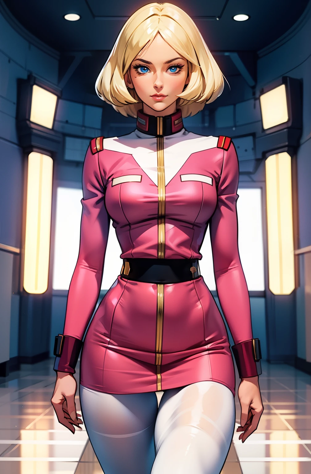 ((masterpiece)), ((cinematic lighting)), realistic photo、Real Images、Top image quality、1girl in, sayla mass, Elegant, masterpiece, Convoluted, slim arms, wide hips, thick thighs, thigh gaps, Best Quality, absurderes, high face detail, Perfect eyes, mature, Cowboy Shot, , Vibrant colors, soft pink uniform, soft pink Skirt, white tights