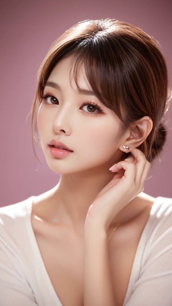 (32k, High resolution, High resolution), ((((photograph, RAWphotograph, Hyperrealism, masterpiece, Highest quality, ultra High resolution,Full body photography,Japanese)))), (Pin Light, Backlight, Backlight, Cinematic Light), Sharp focus:1. 4, (Hyper Detail, In detail), close, One 20-year-old girl, Oval Face, big, Beautiful cat-like eyes, Cute Button Nose, Small and fairly full lips, Thick eyebrows and long, beautiful eyelashes. Transparent throughout makeup, Apply a touch of pink to your cheeks、Dark eyeliner,Lip gloss makes it sparkle. Hairstyle: short golden hair.Plain background.