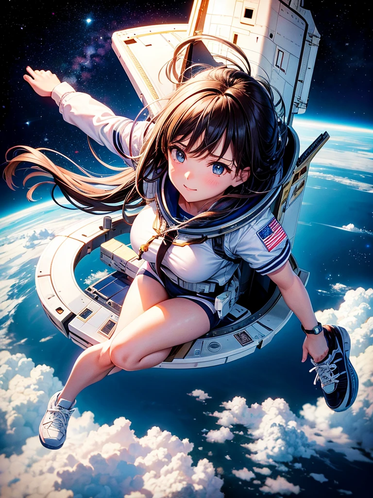 Highest quality,Highest Resolution,High school girl flying in space,Earth in the background,space shuttle,