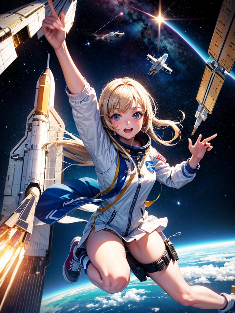 Highest quality,Highest Resolution,High school girl flying in space,Earth in the background,space shuttle,