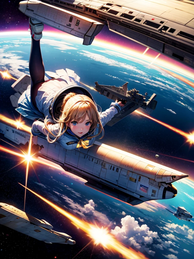 Highest quality,Highest Resolution,High school girl flying in space,Earth in the background,space shuttle,