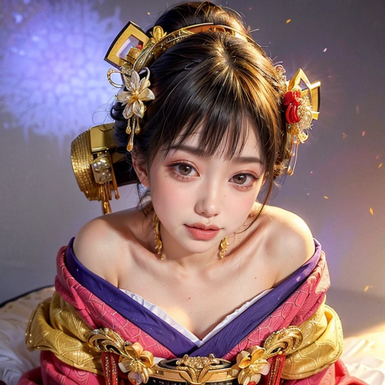 (PUNIPUNI clavicle KIMONO ((offshoulder)) KANZASHI FlowerHairpins Topknot TwinBun Oiran-Hair)High-level, 8K Masterpiece TopQuality, Ultra-detailed CG, Absurd detailed wallpaper, PerfectLighting, Extremely detailed (((Personifying " OIRAN " as a KAWAII Girl))), Characteristic Items, aesthetic LifeLike Rendering, MysticSight, Haze Tyndall Scattering, (Studio GRAY Background with (Oodles Dazzling Iridescent 🌈Particles (BokeH))), (((Assfocus)) RoundlyButt) ThighGap, (Exposed:0.44) 🔞 BREAK (Acutance:0.8), (NOGIZAKA FaceVariations) Extremely Detailed very KAWAII FaceVariations, Childish CaptivatingGaze ElaboratePupils ParfectEyes with (SparklingHighlights:1.28), (Voluminous LongEyelashes:0.88), 💄💋✨ GlossyRedLips with BeautifulDetails, CoquettishTongue, PUNIPUNI RosyCheeks, Radiant PearlSkin with Transparency, Glowing DowneyHair . { (Dynamic LifeLike expressions:1.4) | (:d) }, (large eyes:-1) .
