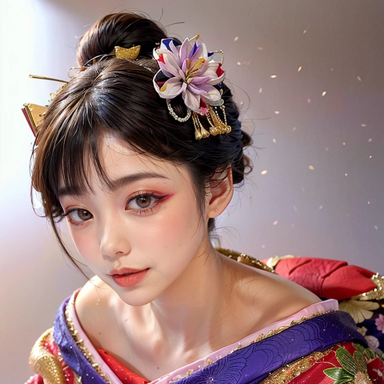 (PUNIPUNI clavicle KIMONO ((offshoulder)) KANZASHI FlowerHairpins Topknot TwinBun Oiran-Hair)High-level, 8K Masterpiece TopQuality, Ultra-detailed CG, Absurd detailed wallpaper, PerfectLighting, Extremely detailed (((Personifying " OIRAN " as a KAWAII Girl))), Characteristic Items, aesthetic LifeLike Rendering, MysticSight, Haze Tyndall Scattering, (Studio GRAY Background with (Oodles Dazzling Iridescent 🌈Particles (BokeH))), (((Assfocus)) RoundlyButt) ThighGap, (Exposed:0.44) 🔞 BREAK (Acutance:0.8), (NOGIZAKA FaceVariations) Extremely Detailed very KAWAII FaceVariations, Childish CaptivatingGaze ElaboratePupils ParfectEyes with (SparklingHighlights:1.28), (Voluminous LongEyelashes:0.88), 💄💋✨ GlossyRedLips with BeautifulDetails, CoquettishTongue, PUNIPUNI RosyCheeks, Radiant PearlSkin with Transparency, Glowing DowneyHair . { (Dynamic LifeLike expressions:1.4) | (:d) }, (large eyes:-1) .