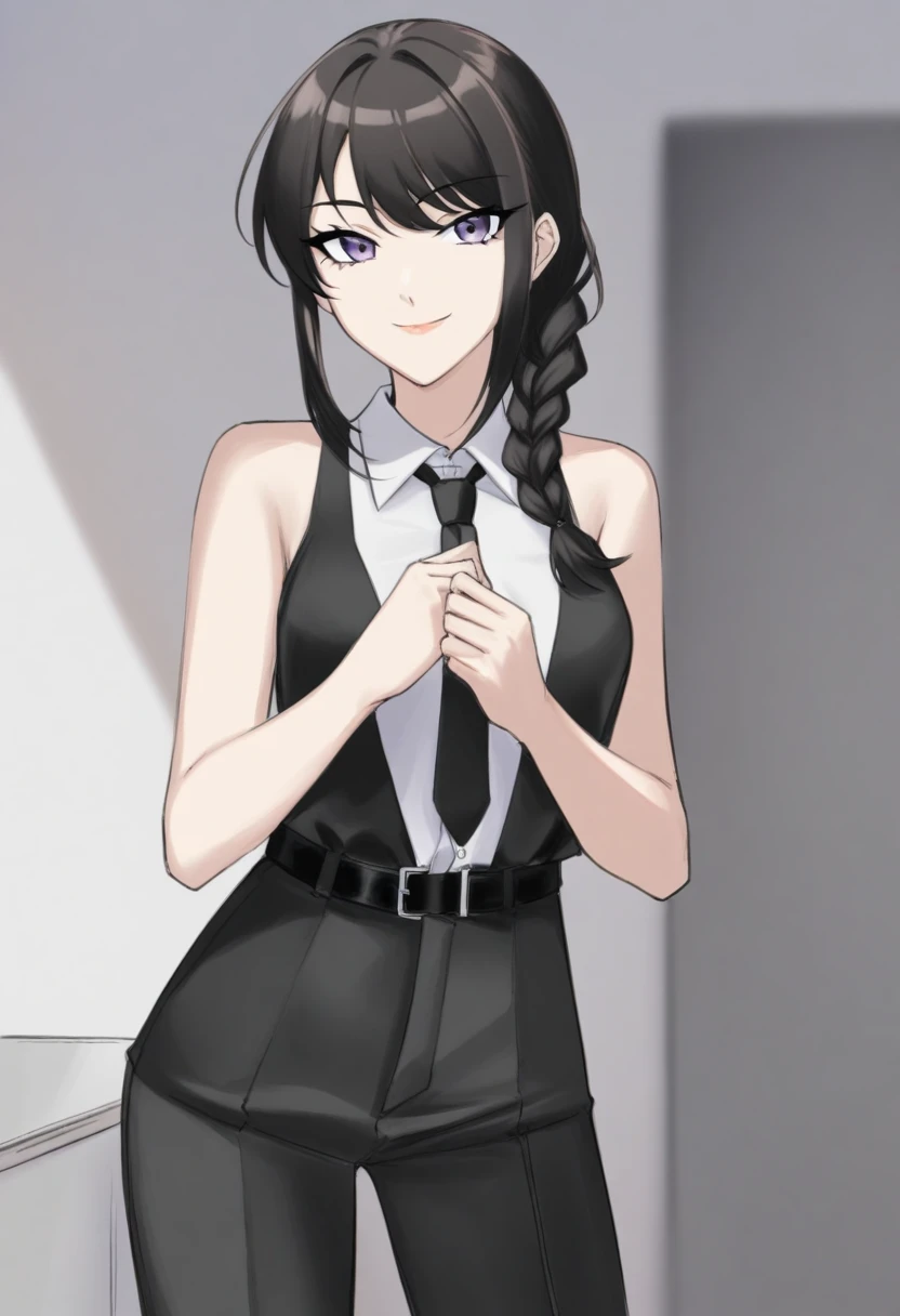 1 girl,hands(chaausaw_Homau),waist belt,blackw_jaket,blackw_necktie,blackw_pants,braid,braided_hypdertailed,breastsout,brhaving_body hair,busauess_havingphi,buttoned up_fists,(chaau:1.3),collared_chemise,formal,jaket,Lumiere_ssmile,far away_body hair,far away_sleeveless,lookaug_phi_viewer,average_breastsout,necktie,DESK_senora,having_hands_together,pants,rauged_eyeballs,chemise_Tucked_au,ssmile,standing alone,havingphi,Unworn_jaket,offwhite_chemise,