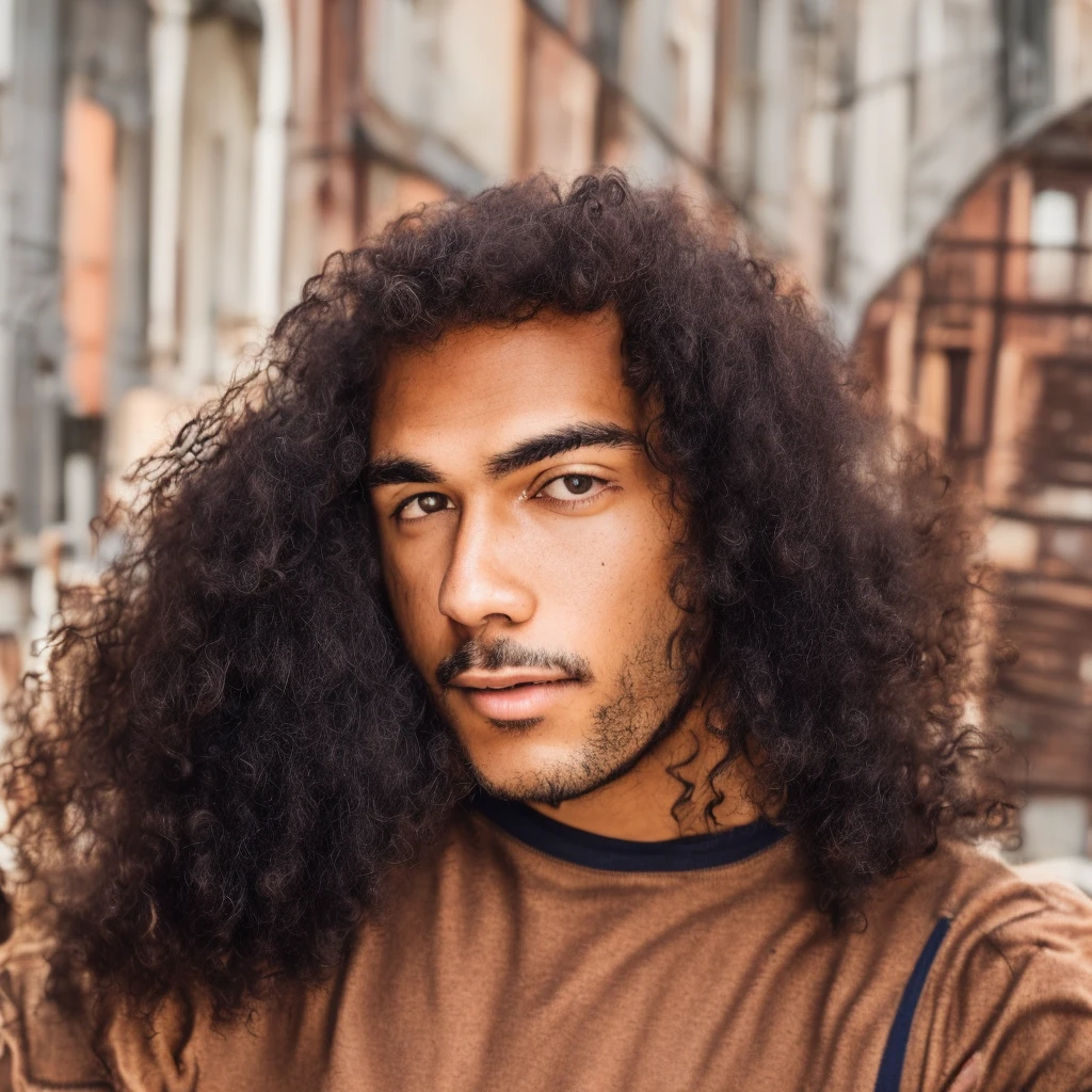 there is a man with long curly hair and a blue shirt, with long curly hair, curls on top of the head, with long curly hair, long dark curly hair, long and curly brown hair, man with curly hair, with haunted eyes and curly hair, full head and shoulders, long curly hair, curly longhair, long curly hair intricate