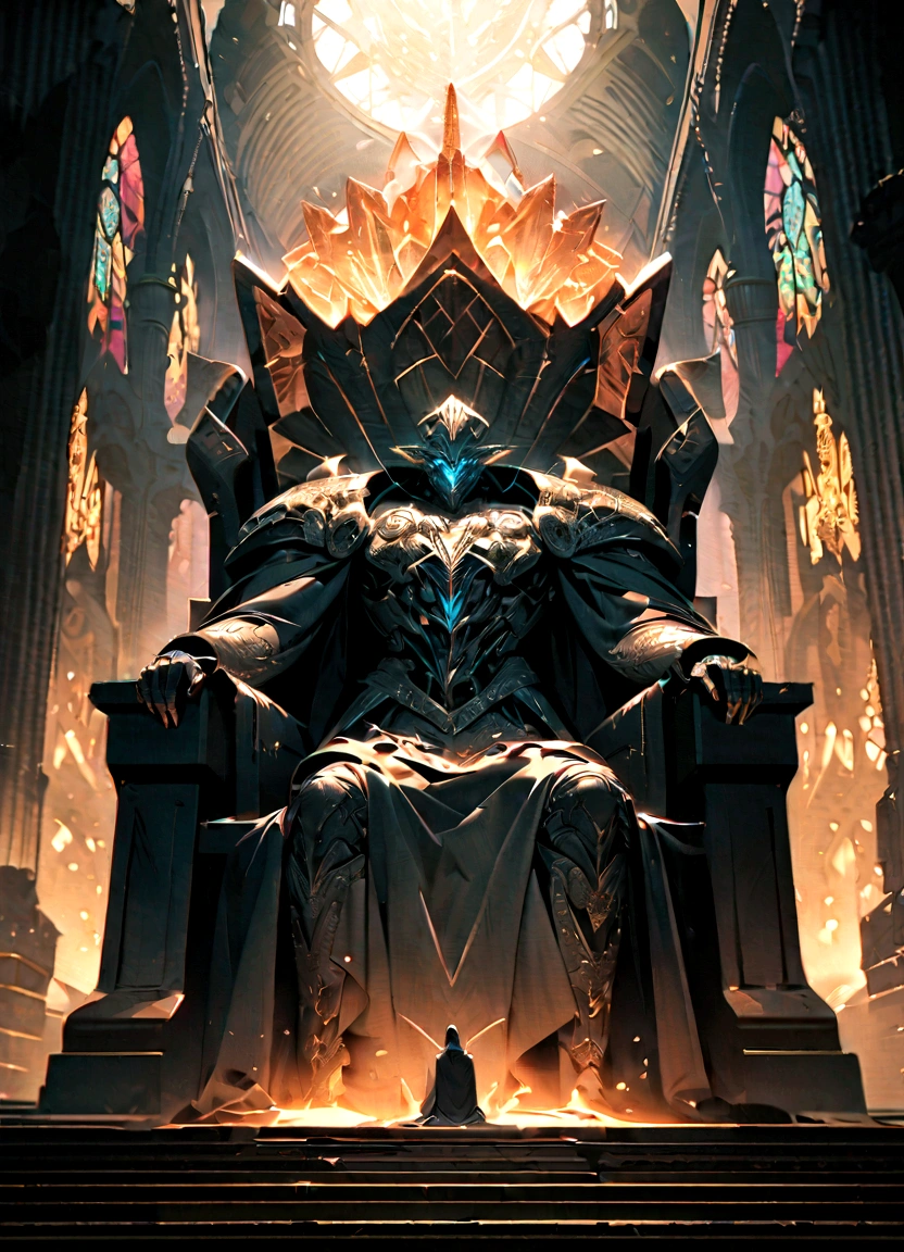 a giant transparent alien creature on a throne of power, detailed anatomy with glowing inner structures, powerful and imposing presence, dramatic lighting and shadows, ultra-detailed, cinematic composition, muted color palette, digital art, A grand, ornate throne made of precious metals and glowing with magical energy, intricate carvings and runes adorning its surface, surrounded by a majestic, awe-inspiring throne room with towering columns, stained glass windows, and a sense of ancient power and authority