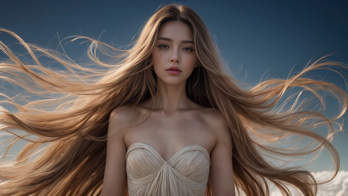 envision a radiant woman graced with luxuriously long hair, elegantly attired in a cocktail dress. Her locks are not merely long but exceptionally so, each filament animated by a relentless breeze. As the wind weaves through her hair, it creates a dynamic display of airborne strands, each highlighted against the backdrop by expert backlighting. The scene captures the very soul of modeling photography, where the extraordinary length of her hair ebbs and flows like a natural element. This image, deeply rooted in the finesse of editorial photography, shows her hair not only being tousled by the wind but seeming almost weightless, as if each strand is momentarily suspended mid-air, a testament to the invisible force surrounding her