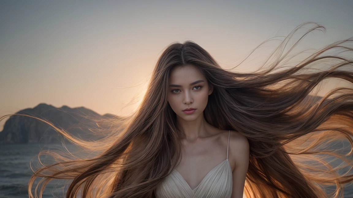 envision a radiant woman graced with luxuriously long hair, elegantly attired in a cocktail dress. Her locks are not merely long but exceptionally so, each filament animated by a relentless breeze. As the wind weaves through her hair, it creates a dynamic display of airborne strands, each highlighted against the backdrop by expert backlighting. The scene captures the very soul of modeling photography, where the extraordinary length of her hair ebbs and flows like a natural element. This image, deeply rooted in the finesse of editorial photography, shows her hair not only being tousled by the wind but seeming almost weightless, as if each strand is momentarily suspended mid-air, a testament to the invisible force surrounding her