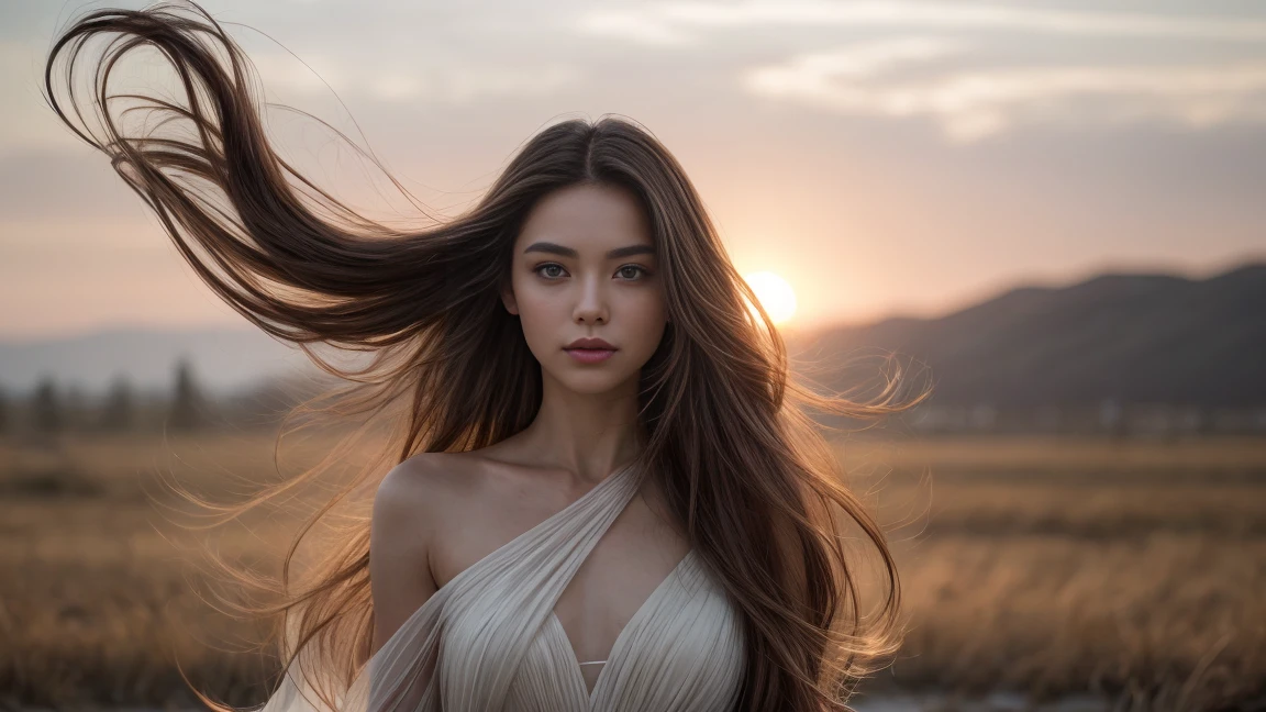 envision a radiant woman graced with luxuriously long hair, elegantly attired in a cocktail dress. Her locks are not merely long but exceptionally so, each filament animated by a relentless breeze. As the wind weaves through her hair, it creates a dynamic display of airborne strands, each highlighted against the backdrop by expert backlighting. The scene captures the very soul of modeling photography, where the extraordinary length of her hair ebbs and flows like a natural element. This image, deeply rooted in the finesse of editorial photography, shows her hair not only being tousled by the wind but seeming almost weightless, as if each strand is momentarily suspended mid-air, a testament to the invisible force surrounding her