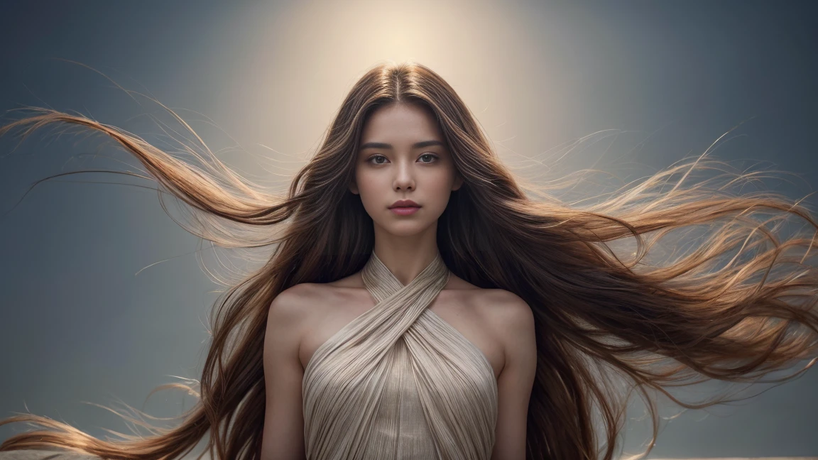 envision a radiant woman graced with luxuriously long hair, elegantly attired in a cocktail dress. Her locks are not merely long but exceptionally so, each filament animated by a relentless breeze. As the wind weaves through her hair, it creates a dynamic display of airborne strands, each highlighted against the backdrop by expert backlighting. The scene captures the very soul of modeling photography, where the extraordinary length of her hair ebbs and flows like a natural element. This image, deeply rooted in the finesse of editorial photography, shows her hair not only being tousled by the wind but seeming almost weightless, as if each strand is momentarily suspended mid-air, a testament to the invisible force surrounding her