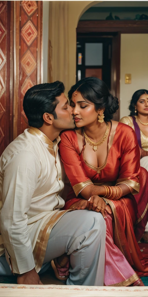 35mm film photography, A middle-aged Caucasian man with short dark hair tenderly embracing and kissing a young, curvaceous South Indian bride dressed in a traditional Indian dawani in a comfortable living room. A group of three Caucasian men observing the couple., high detail, split gradient colors background, full body image 