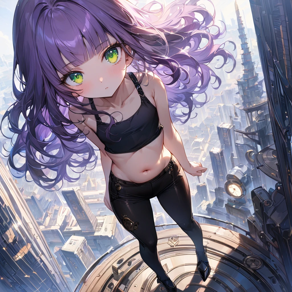 a masterpiece, beautiful eyes, a beautiful face, beautiful depiction, details, solid blue steampunk.Skyscrapers background, ultra detailed, 8K, pale-purple hair, a dynamic angle from above, wavy hair blowing in the wind, blunt bangs hair, black and green eyes, A black tank top showing her belly button, black drawstring pants, black ballet shoes, full body shot, flat chest, light coming from behind her, look at viewer,