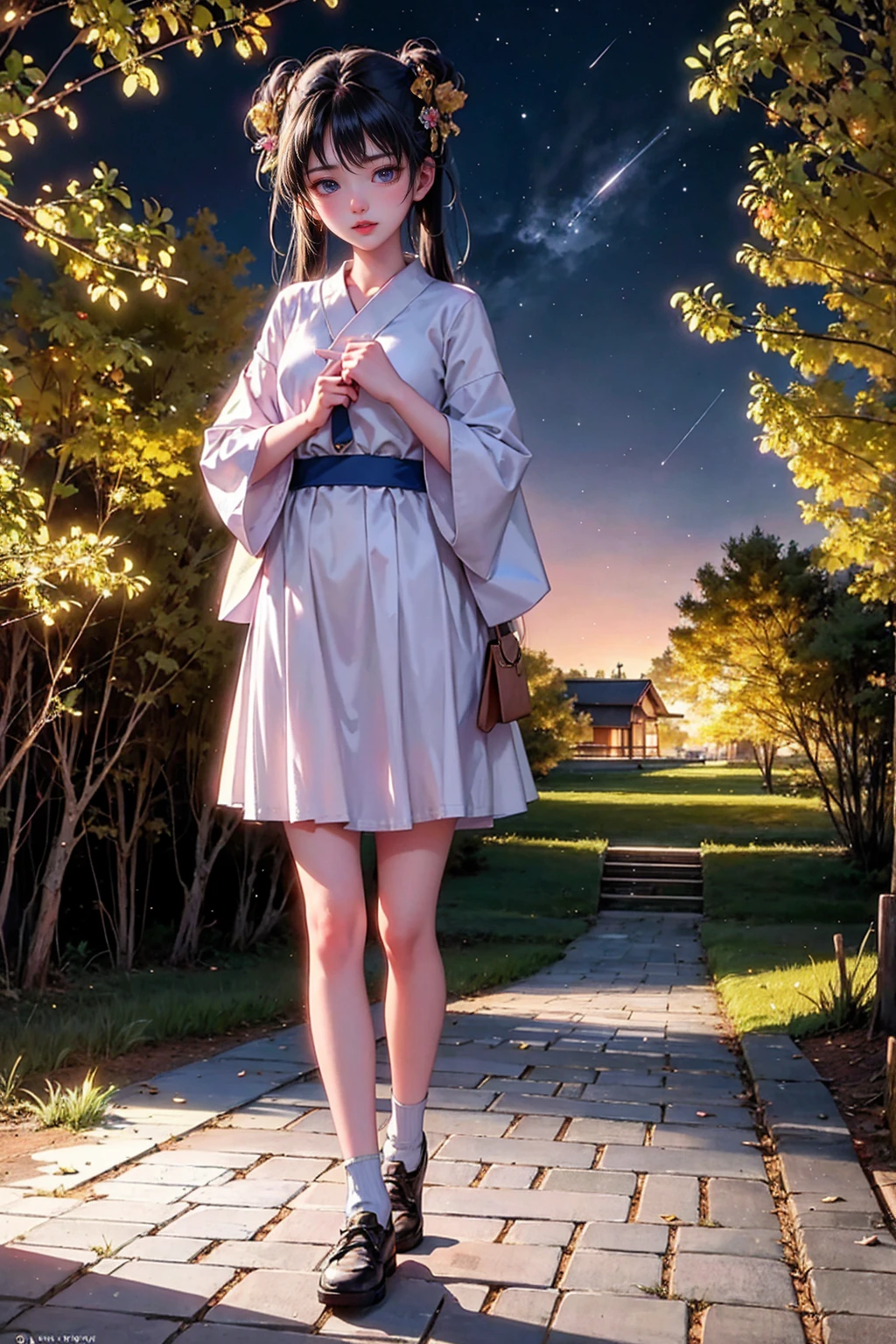 Highest quality, highest difficulty, high resolution, masterpiece. From dusk to late night, a young Japanese woman stands in a rural town where fireflies fly around, watching the fireflies. She has a nostalgic and harmonious atmosphere. This is a long-exposure video taken with a single-lens reflex camera, and is captured in high quality and high resolution.
