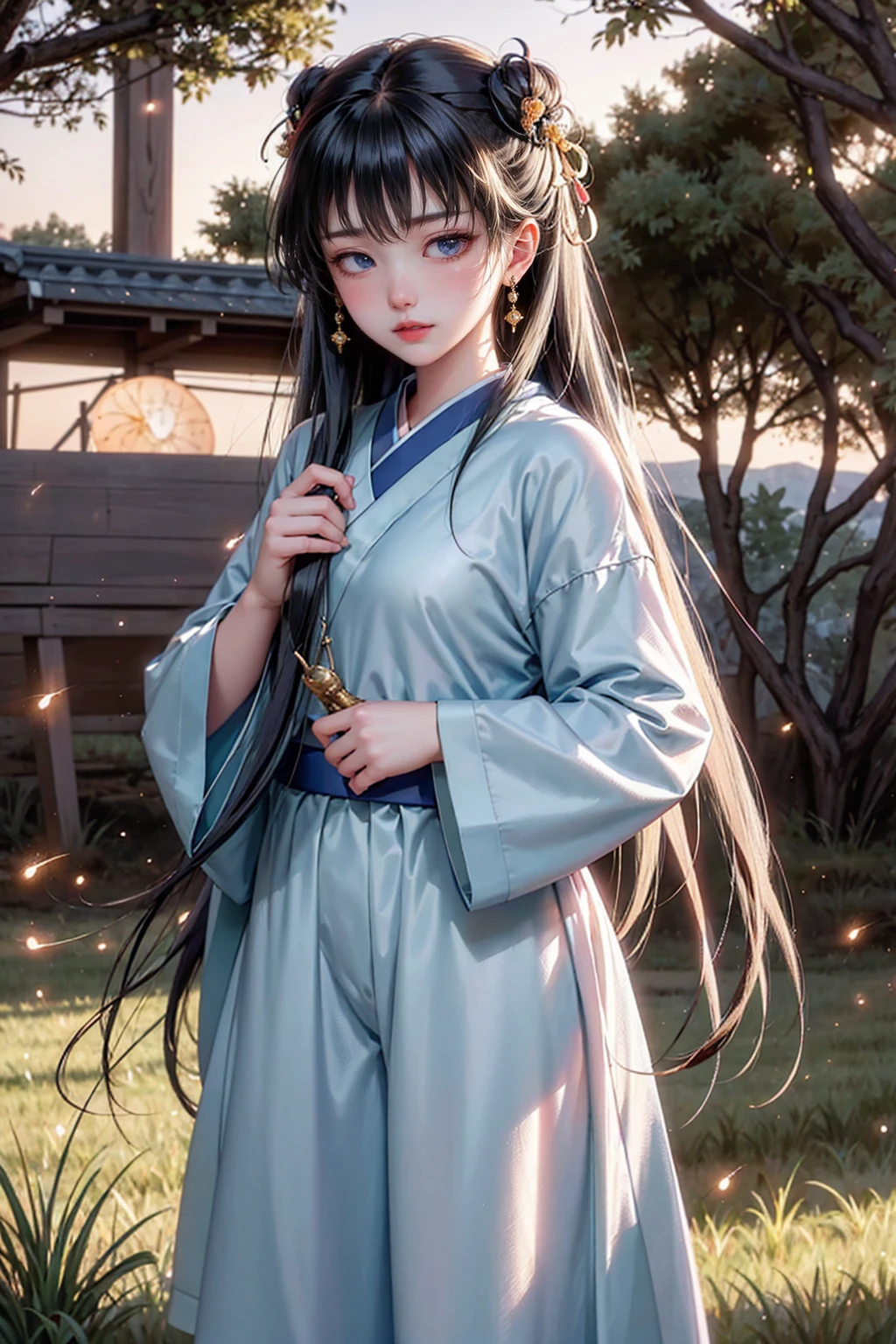 Highest quality, highest difficulty, high resolution, masterpiece. From dusk to late night, a young Japanese woman stands in a rural town where fireflies fly around, watching the fireflies. She has a nostalgic and harmonious atmosphere. This is a long-exposure video taken with a single-lens reflex camera, and is captured in high quality and high resolution.