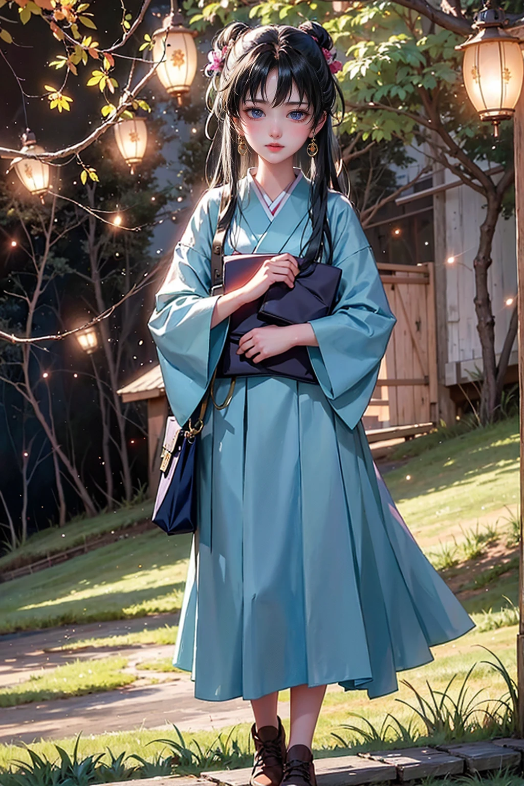 Highest quality, highest difficulty, high resolution, masterpiece. From dusk to late night, a young Japanese woman stands in a rural town where fireflies fly around, watching the fireflies. She has a nostalgic and harmonious atmosphere. This is a long-exposure video taken with a single-lens reflex camera, and is captured in high quality and high resolution.