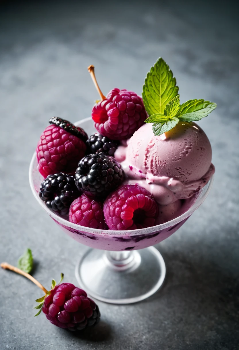RAW photo, boysenberry ice cream, hot summer day, food photo, DSLR, fresh boysenberries and a mint sprig garnish, soft lighting, high quality, film grain, Fujifilm XT