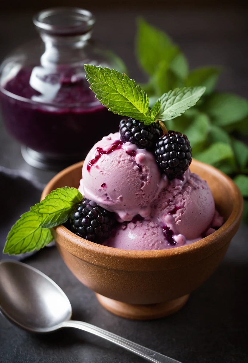 RAW photo, boysenberry ice cream, hot summer day, food photo, DSLR, fresh boysenberries and a mint sprig garnish, soft lighting, high quality, film grain, Fujifilm XT