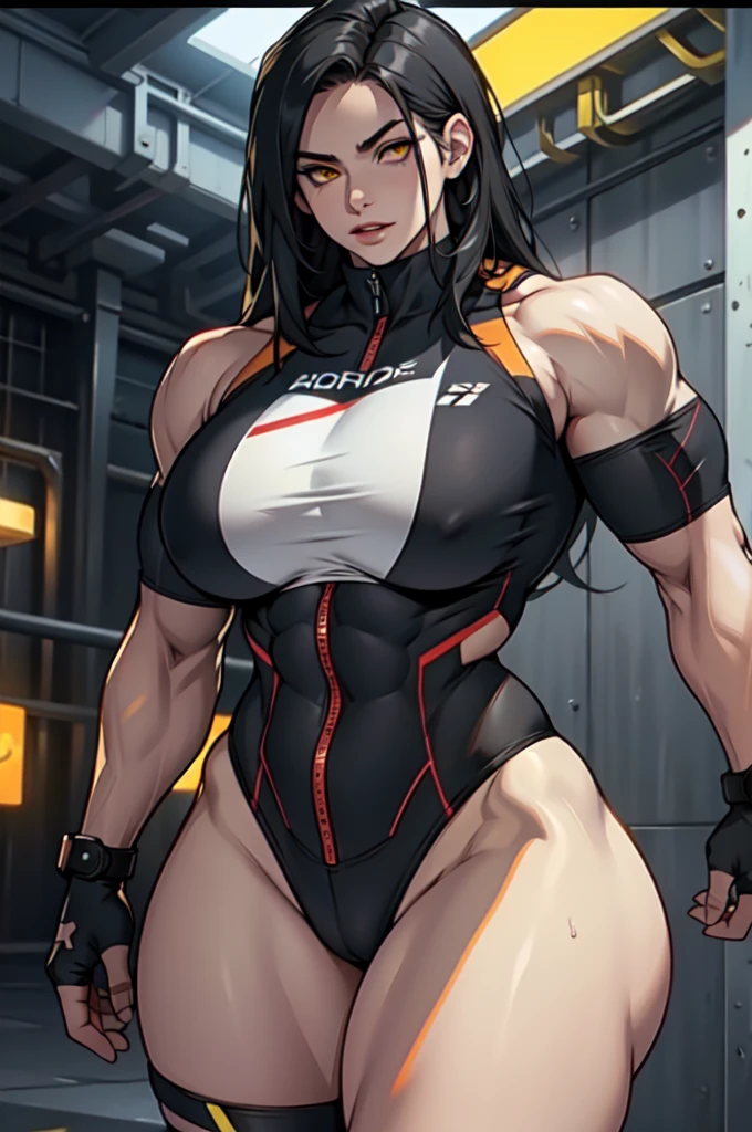 1girl, bodybuilder, muscular, pale skin, black hair, very long hair, yellow eyes, long abs, curvy, wide hips, thick thighs, huge breasts, grey background, best quality, 4k, 8k, highres, masterpiece:1.2, ultra-detailed, realistic, photorealistic, photo-realistic:1.37, HDR, UHD, studio lighting, ultra-fine painting, sharp focus, physically-based rendering, extreme detail description, professional, vivid colors, bokeh