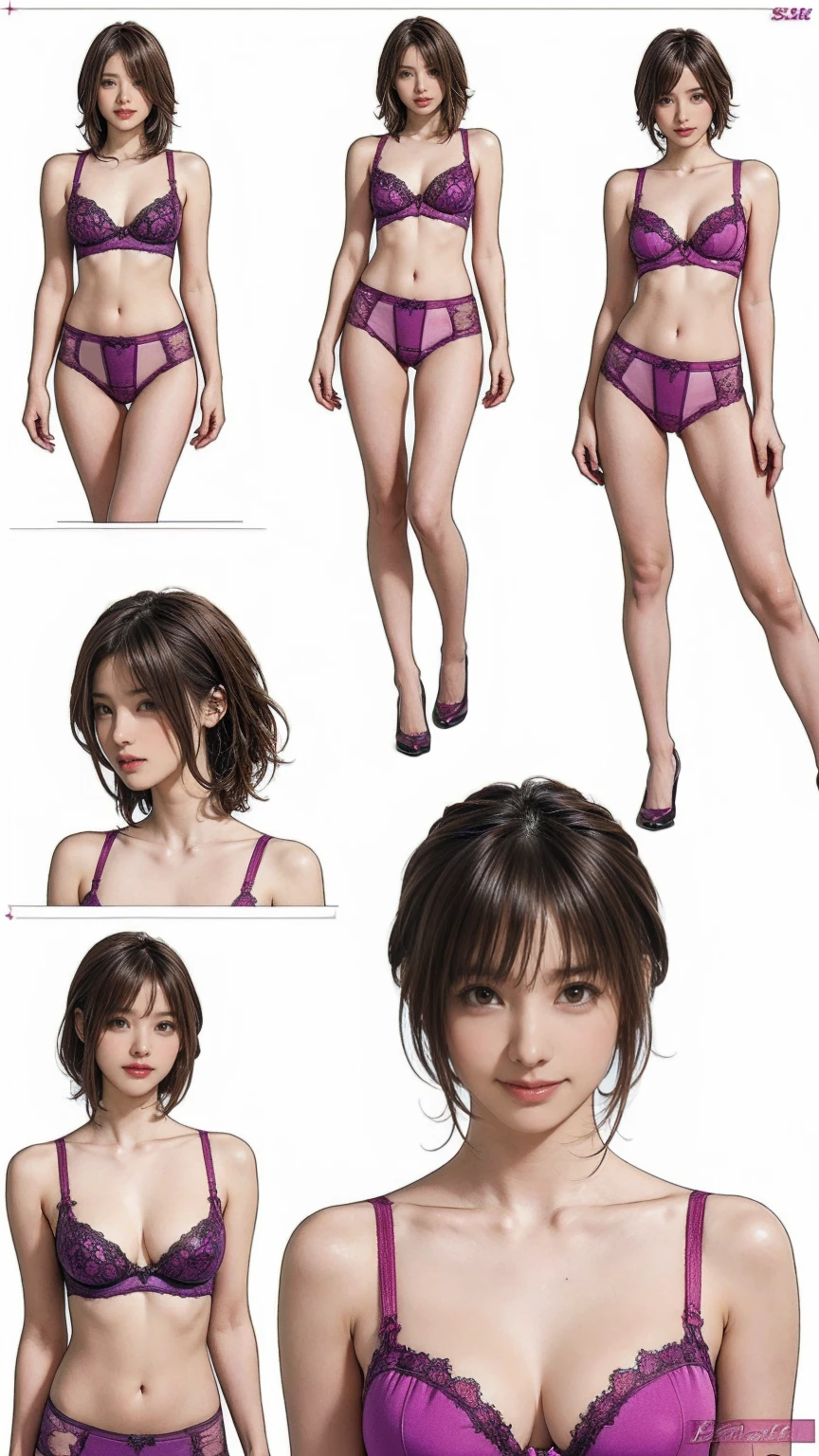 10:24:23 
((masterpiece)),(((Highest quality))),((Reference Sheet, Character Design)), Highest quality,masterpiece,Ultra-high resolution,Original photo,Ultra-high resolution，Three beautiful women，Flashy makeup using red eyeshadow，Big smile，Short cut with side waves，Wearing purple and red lace bra and sexy panties，backstyle:1.2