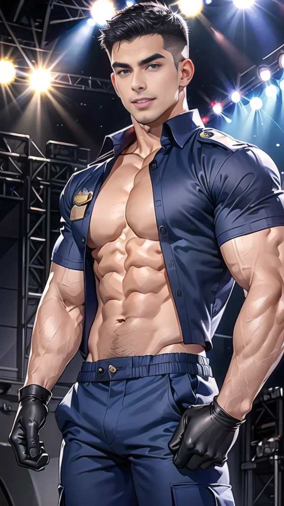 handsome man sit on stage ,(crew cut short hair:1.2),black eye,smile,open mouth (navy police uniform and t-shirt:1.2),(open shirt short sleeves:1.2),collar,(shirt covered over:1.2),(name tag and Police badge:1.2),(shirt no buttons:1.1),(black_gloves:1.3), (Navy blue cargo:1.2),Korean guy,korean men,(High gloss details),(chest muscles:1.2),(large arm muscles:1.2),blood vessel,Big muscles,Broad shoulders,looking at the audience,Balancing the eyes,middle of the road,(stage:1.4)