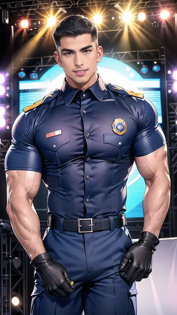 handsome man sit on stage ,(crew cut short hair:1.2),black eye,smile,open mouth (navy police uniform and t-shirt:1.2),(open shirt short sleeves:1.2),collar,(shirt covered over:1.2),(name tag and Police badge:1.2),(shirt no buttons:1.1),(black_gloves:1.3), (Navy blue cargo:1.2),Korean guy,korean men,(High gloss details),(chest muscles:1.2),(large arm muscles:1.2),blood vessel,Big muscles,Broad shoulders,looking at the audience,Balancing the eyes,middle of the road,(stage:1.4)