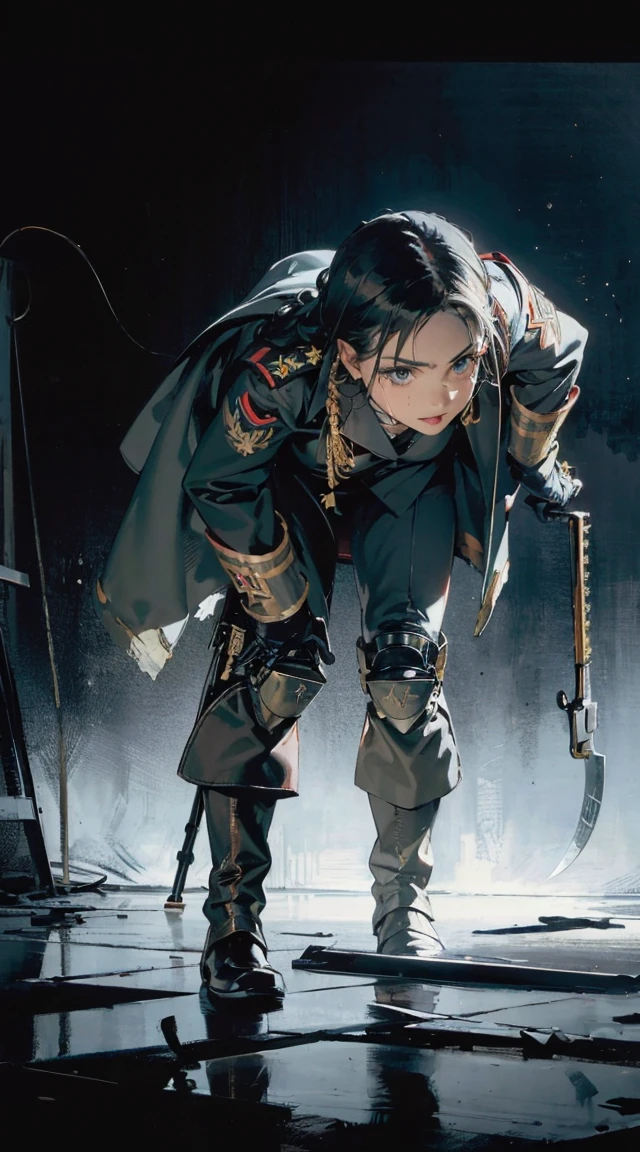 InquisitorKatarinyaGreyfax, 1girl, solo, detailed background, hat, desert battlefield backround, holding giant chainsaw, circular saw, weapon, armor, gauntlets, skull, axe, anime style,nice face,detailed eyes,skull shaped shoulder armor,action pose,intense fight, 　　Photorealsitic、realistic skin textures、automatic rifle  (mechanical armor with reference to a dung beetle), power pipes, hydraulic cylinders, ultimate intricate detail, Japanese female soldier in mechanical armor, very beautiful face, realistic, full body shot, sortie from secret base  (8k, RAW photo, best quality, masterpiece:1.2),    RanmaChan, RanmaRedShirt　　girl, cat ears, cat tail, (tears:1.1), exhausted, (parted lips:0.9), cute, 
medium breasts, (sideboob:0.9), 
sideless, torn frayed tattered tunic, torn frayed tattered socks, 
sitting, wariza, leaning forward, ruins, crumbling world, storm, black hole, puddle, 
sharp focus, looking at viewer, 
(intricate:1.1), (dark blue theme:1.1), (dark blue tone:1.1), (grey tone:1.1), illustration, (anime coloring:1.1),  modesta, tiro remoto, Detalhe bonito rosto delicado, Olhos delicados bonitos detalhados, perfect facial proportions, High definition skin, pele fina, best four inch aspect ratio. Com um polegar, uma obra-prima, altamente detalhado, Realistic, (German World War II general uniform reference : 1.8), the highest facial resolution, , mulher modestamente vestida, vestido inteiramente, ( pequeno, cabelos pretos, black franja reta, super thin braids, franja reta, Red glasses, olho verde escuro, science fiction, Fighter aircraft, standing On the landing of a Fighter aircraft, the agency, uma personalidade profundamente inteligente, A calm expression, um rosto respeitoso, uma guerra, a Fighter aircraft　BIGHIP　BIGASS　FUCKOFF　FUCKFUCKFUCK