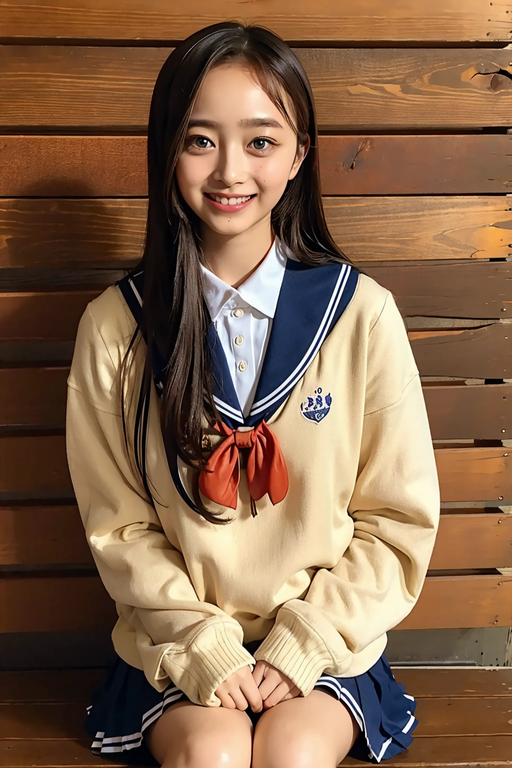 (((cowboy shot))),Ultra-high resolution,big eyes,(brown eyes),Japanese,(forehead),(a girl),(1 girl),(()),(cute),pretty,((facing at viewer)),grin,(((white school sailor uniform))),pleated skirt,sitting,thighs