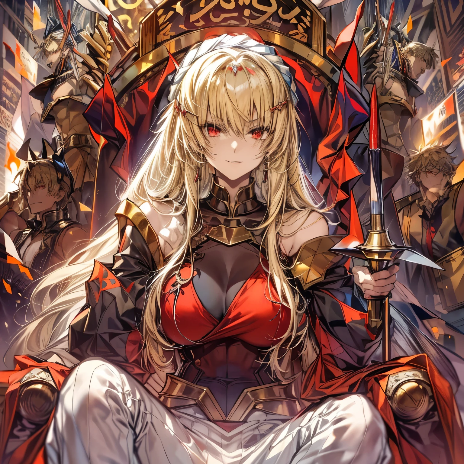 8K, Mouthpiece, ((One beautiful man)),((Fate Stay Night Drawing)), Gilgamesh Male Solo, Emperor, whole body, ((Detailed character portrayal)), An exquisitely decorated throne, A palace made of cut stone, A room lit by flickering torches, A man violently climbs onto a throne and sits down, A face laughing out loud like a joke, ((One beautiful man)), ((Red eyes)), Long Hair, blonde, Wrap a turban around your head, (background: Countless swords displayed on the wall, All facing the same direction, Different types of swords, 1 female attendant, Woman in beautiful arabic costume, Stand beside the throne),