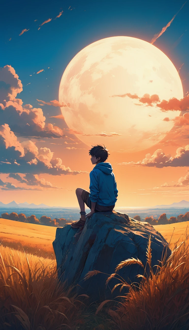 a boy sitting in an autumn meadow, seeing a vast blue sky with dark blue clouds, tall grasses, cloudy sky, makoto shinkai cyril rolando, anime art wallpaper 4k, anime art wallpaper 4k, animated background, anime art wallpaper 8K, animated background art, Anime Landscape Wallpaper, amazing wallpaper, HD wallpaper, 4k anime wallpaper, 4k anime wallpaper, Aries Moross art,art by Bob Byerley , AshleyWoodArtAI, greg rutkowski