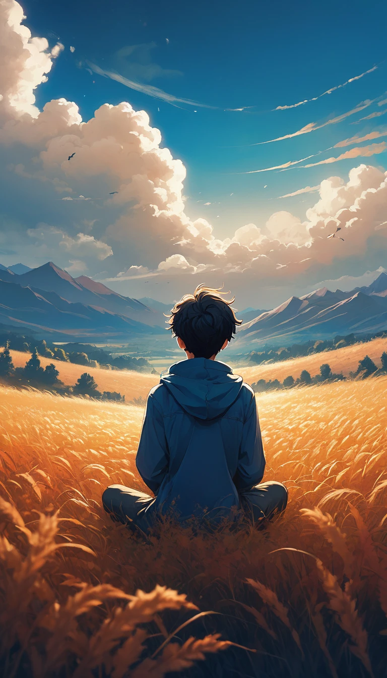a boy sitting in an autumn meadow, seeing a vast blue sky with dark blue clouds, tall grasses, cloudy sky, makoto shinkai cyril rolando, anime art wallpaper 4k, anime art wallpaper 4k, animated background, anime art wallpaper 8K, animated background art, Anime Landscape Wallpaper, amazing wallpaper, HD wallpaper, 4k anime wallpaper, 4k anime wallpaper, Aries Moross art,art by Bob Byerley , AshleyWoodArtAI, greg rutkowski