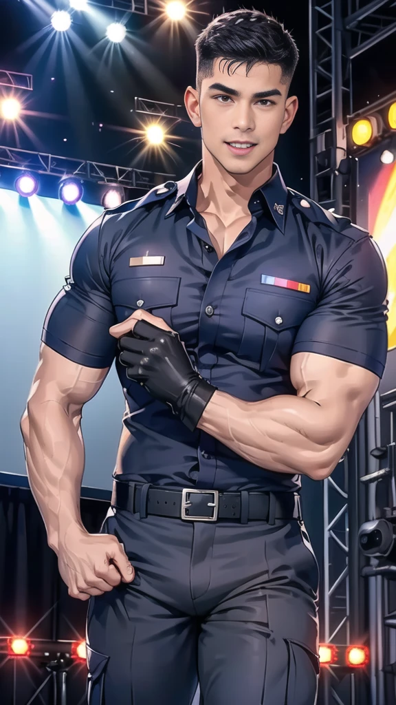 handsome man,(crew cut short hair:1.2),black eye,smile,open mouth
(navy police uniform:1.2),(shirt short sleeves:1.2),collar,(shirt covered over:1.2),(name tag and Police badge:1.2),(shirt no buttons:1.1),(black_gloves:1.3),
(Navy blue cargo:1.2),Korean guy,korean men,(High gloss details),(chest muscles:1.2),(large arm muscles:1.2),blood vessel,Big muscles,Broad shoulders,looking at the audience,Balancing the eyes,middle of the road,(stage:1.4),