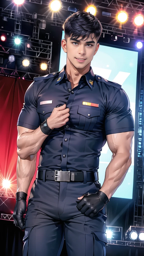 handsome man,(crew cut short hair:1.2),black eye,smile,open mouth
(navy police uniform:1.2),(shirt short sleeves:1.2),collar,(shirt covered over:1.2),(name tag and Police badge:1.2),(shirt no buttons:1.1),(black_gloves:1.3),
(Navy blue cargo:1.2),Korean guy,korean men,(High gloss details),(chest muscles:1.2),(large arm muscles:1.2),blood vessel,Big muscles,Broad shoulders,looking at the audience,Balancing the eyes,middle of the road,(stage:1.4),