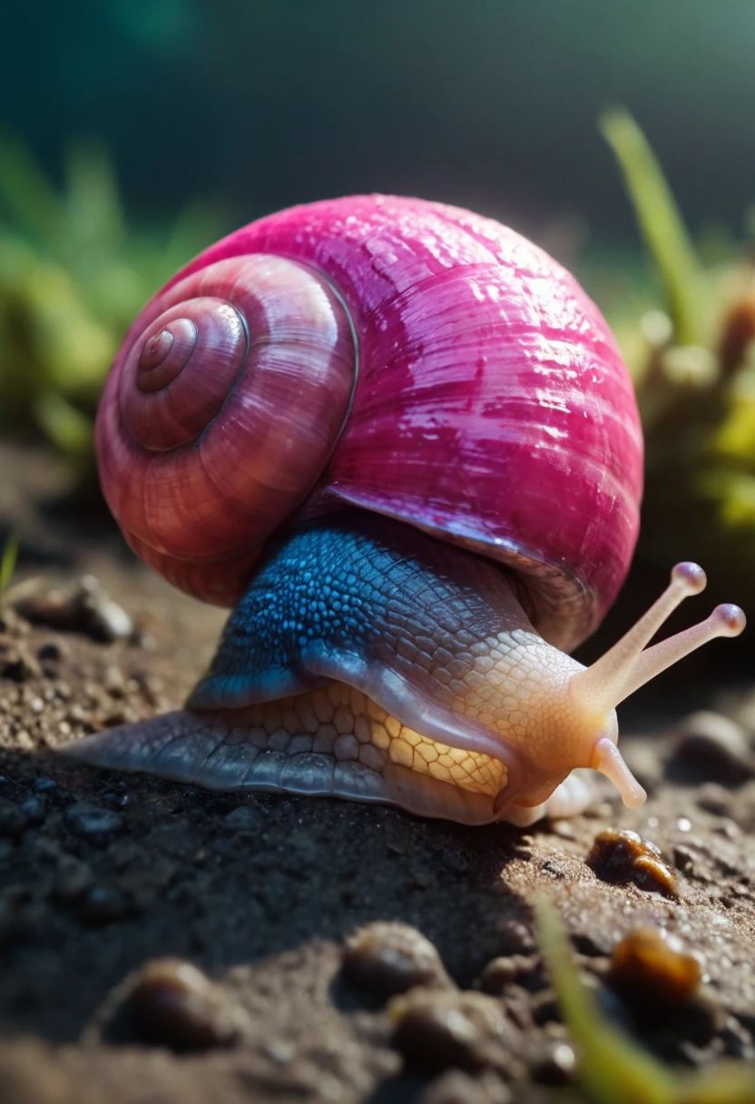 subsurface scattering, small Garald Betram Snail closeup, Neon Pink/Blue sss snail, Gary from SpongeBob infront of Sunset, ,
atmospheric haze, Film grain, cinematic film still, shallow depth of field, highly detailed, high budget, cinemascope, moody, epic, OverallDetail, 2000s vintage RAW photo, photorealistic, candid camera, color graded cinematic, atmospheric lighting, imperfections, natural, shallow dof