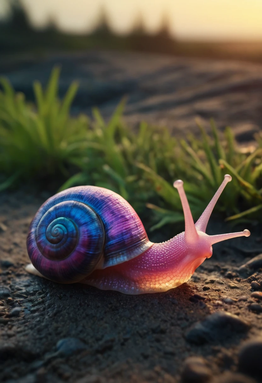 subsurface scattering, small Garald Betram Snail closeup, Neon Pink/Blue sss snail, Gary from SpongeBob infront of Sunset, ,
atmospheric haze, Film grain, cinematic film still, shallow depth of field, highly detailed, high budget, cinemascope, moody, epic, OverallDetail, 2000s vintage RAW photo, photorealistic, candid camera, color graded cinematic, atmospheric lighting, imperfections, natural, shallow dof