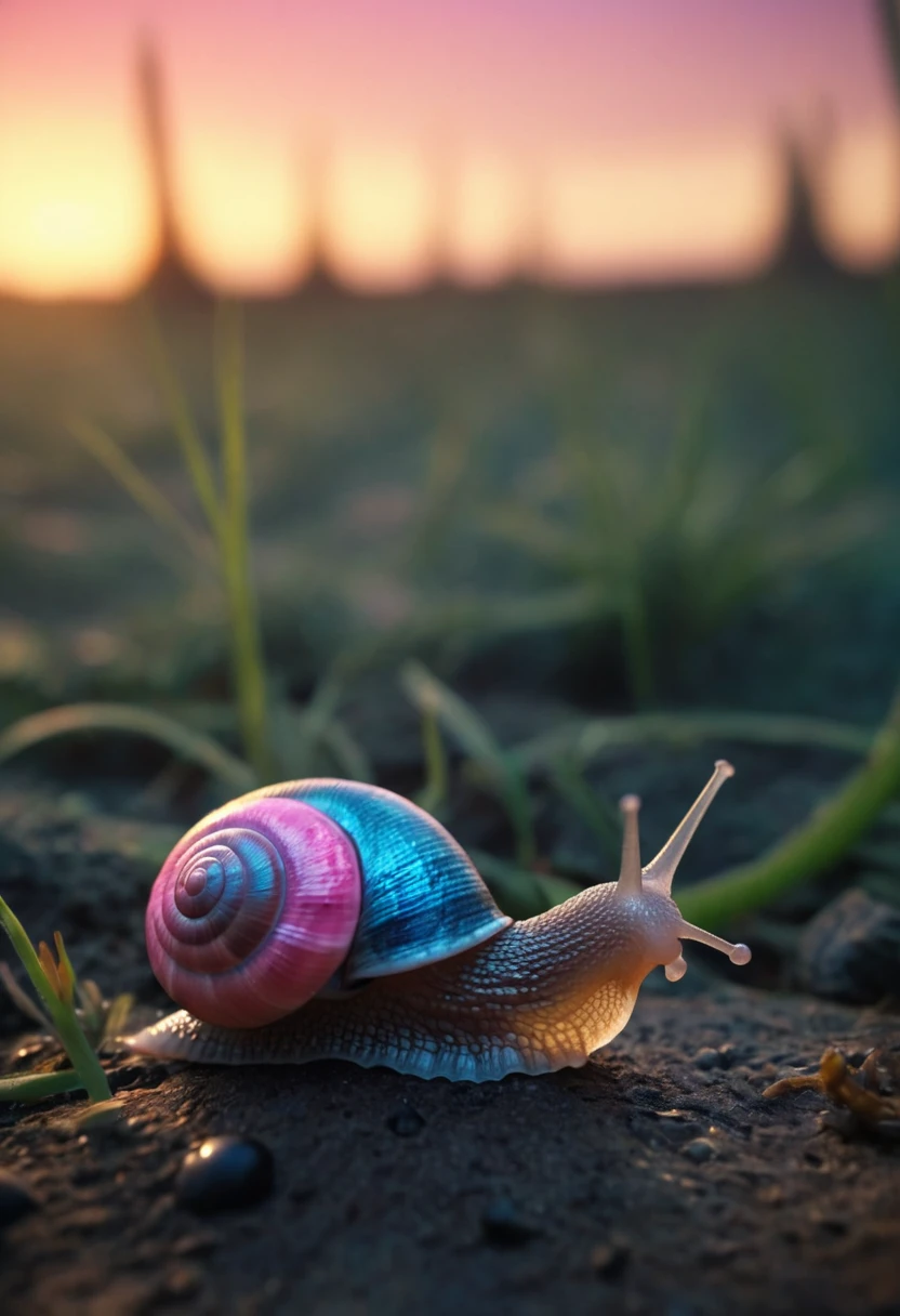 subsurface scattering, small Garald Betram Snail closeup, Neon Pink/Blue sss snail, Gary from SpongeBob infront of Sunset, , 
atmospheric haze, Film grain, cinematic film still, shallow depth of field, highly detailed, high budget, cinemascope, moody, epic, OverallDetail, 2000s vintage RAW photo, photorealistic, candid camera, color graded cinematic, atmospheric lighting, imperfections, natural, shallow dof