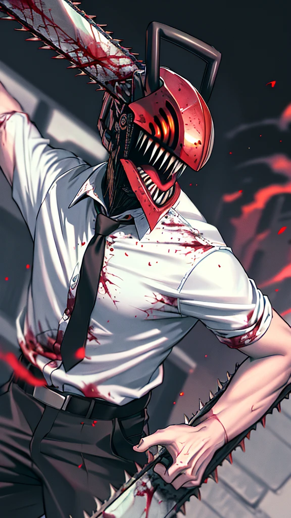 masterpiece, best quality, highres, monster boy, djb, sharp teeth, chainsaw, blood on clothes, blood on weapon, collared shirt, black pants, tongue out, man, ash Williams, evil dead saga, chainsaw hand, fight, night city, demon hunter, necronomicon
