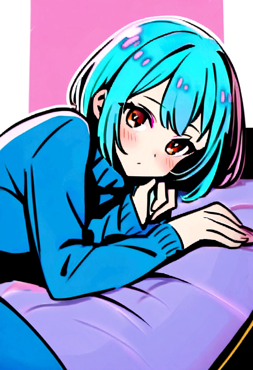 Light blue short hair girl wearing blue skirt and cyan sweater, brown eyes next to a pink bed in a sexy lying pose