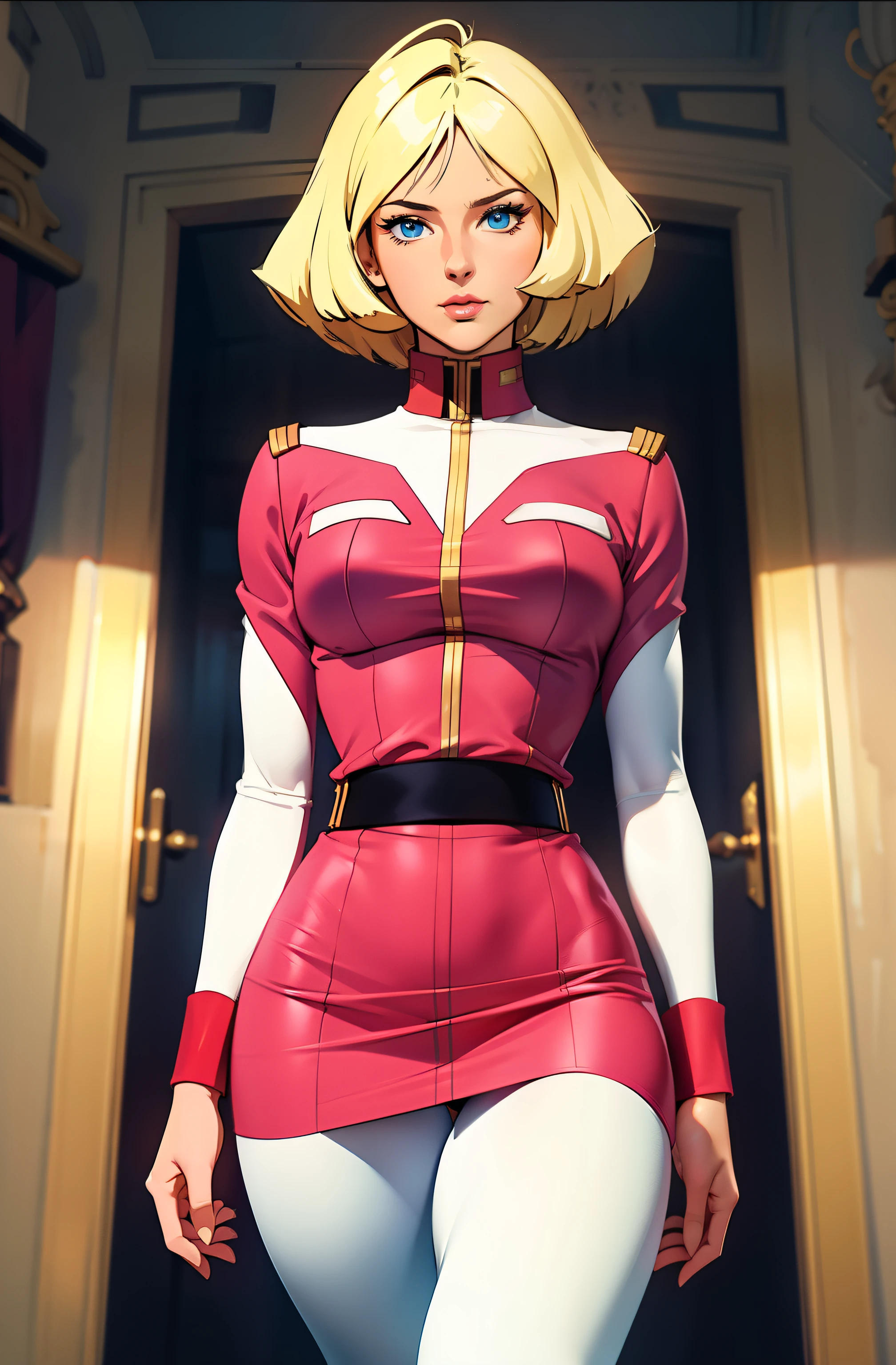 ((masterpiece)), ((cinematic lighting)), realistic photo、Real Images、Top image quality、1girl in, sayla mass, Elegant, masterpiece, Convoluted, slim arms, wide hips, thick thighs, thigh gaps, Best Quality, absurderes, high face detail, Perfect eyes, mature, Cowboy Shot, , Vibrant colors, soft pink uniform, soft pink Skirt, white tights
