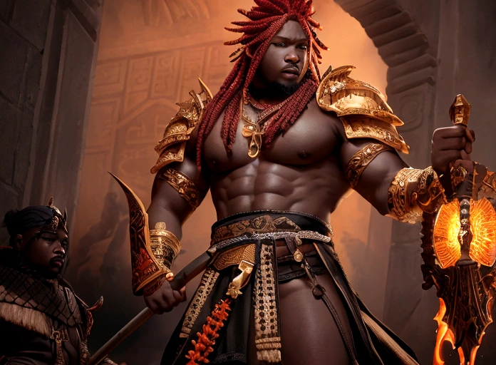 ((Intricate details))), (((highest quality))), (((extreme attention to detail))), (((complex composition))). African god, king of fire warriors, in his hands an ax with two blades, finely crafted despite the rustic and suspenseful atmosphere. attack position in a violent war, Incorporate a dark color palette with subtle touches of red to highlight key features. Calls around your body Emulate the mysterious atmosphere of cinematic light.