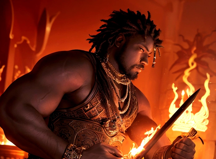 ((Intricate details))), (((highest quality))), (((extreme attention to detail))), (((complex composition))). African god, king of fire warriors, in his hands an ax with two blades, finely crafted despite the rustic and suspenseful atmosphere. attack position in a violent war, Incorporate a dark color palette with subtle touches of red to highlight key features. Calls around your body Emulate the mysterious atmosphere of cinematic light.