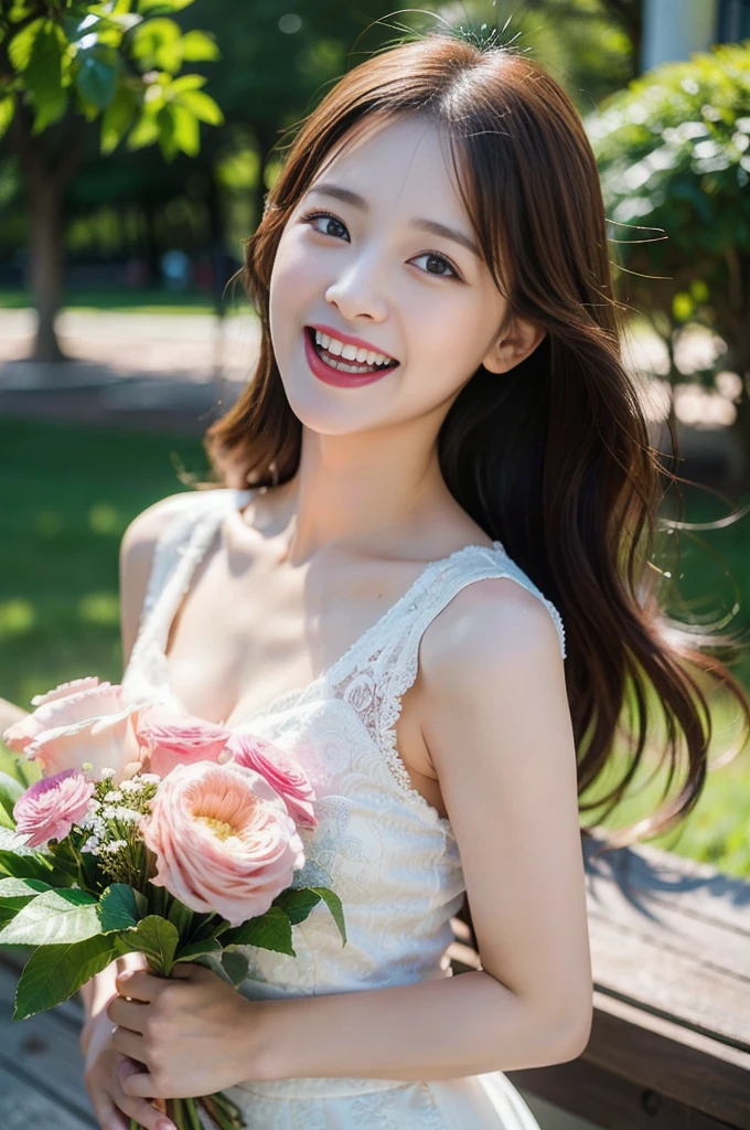 (8K, RAW Photos, Highest quality、masterpiece:1.2), (Realistic、Realistic:1.37), Very detailed, High resolution, 1 girl, (great laugh:1.2), (open your mouth:1.1), View your viewers, dress, Beautifully detailed face、(Holding a bouquet:1.3),Beautiful and detailed skin、Skin Texture、Floating Hair、Professional Lighting, noon