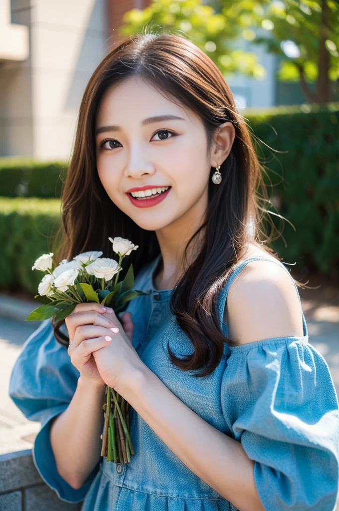(8K, RAW Photos, Highest quality、masterpiece:1.2), (Realistic、Realistic:1.37), Very detailed, High resolution, 1 girl, (great laugh:1.2), (open your mouth:1.1), View your viewers, dress, Beautifully detailed face、(Holding a bouquet:1.3),Beautiful and detailed skin、Skin Texture、Floating Hair、Professional Lighting, noon