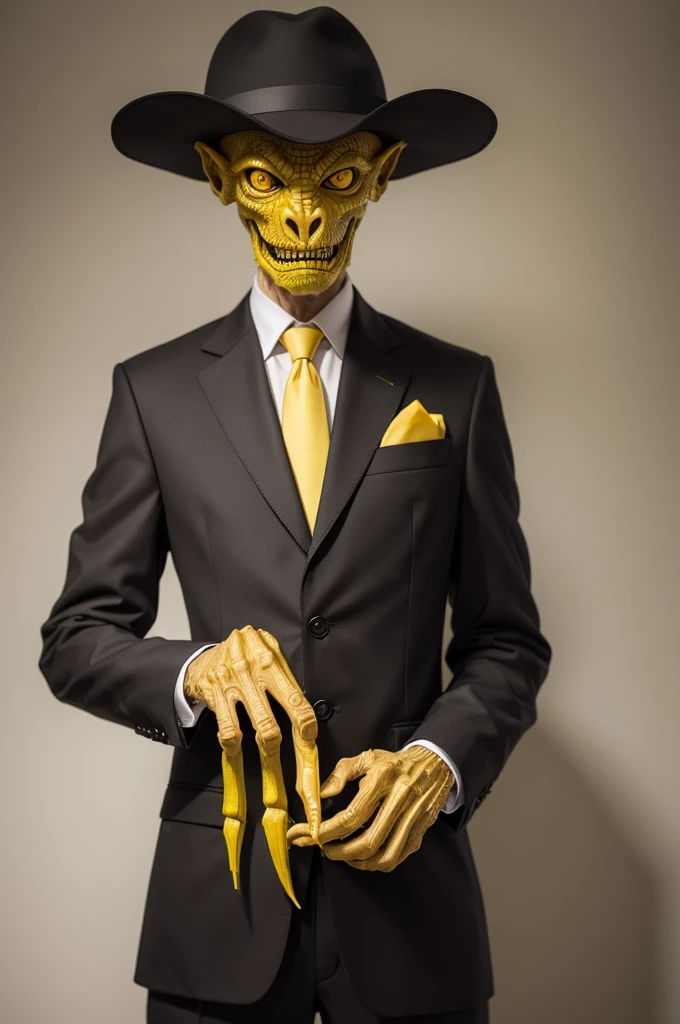 old thin humanoid with wrinkled face and blooming yellow reptilian eyes, black suit hat and tie.