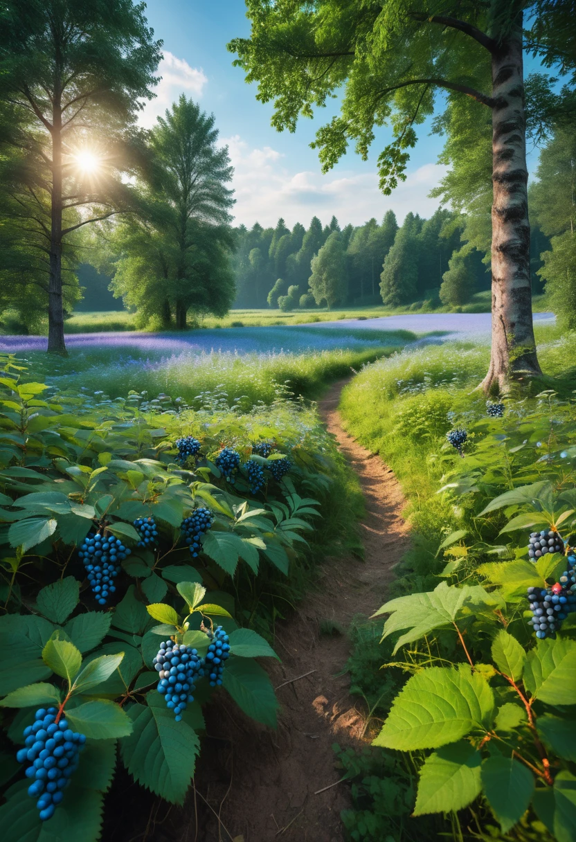(8k digital nature photography:1.2),
(a summer landscape:1.1) with trees in the distance,
glowing blue clear berries 
faetastic