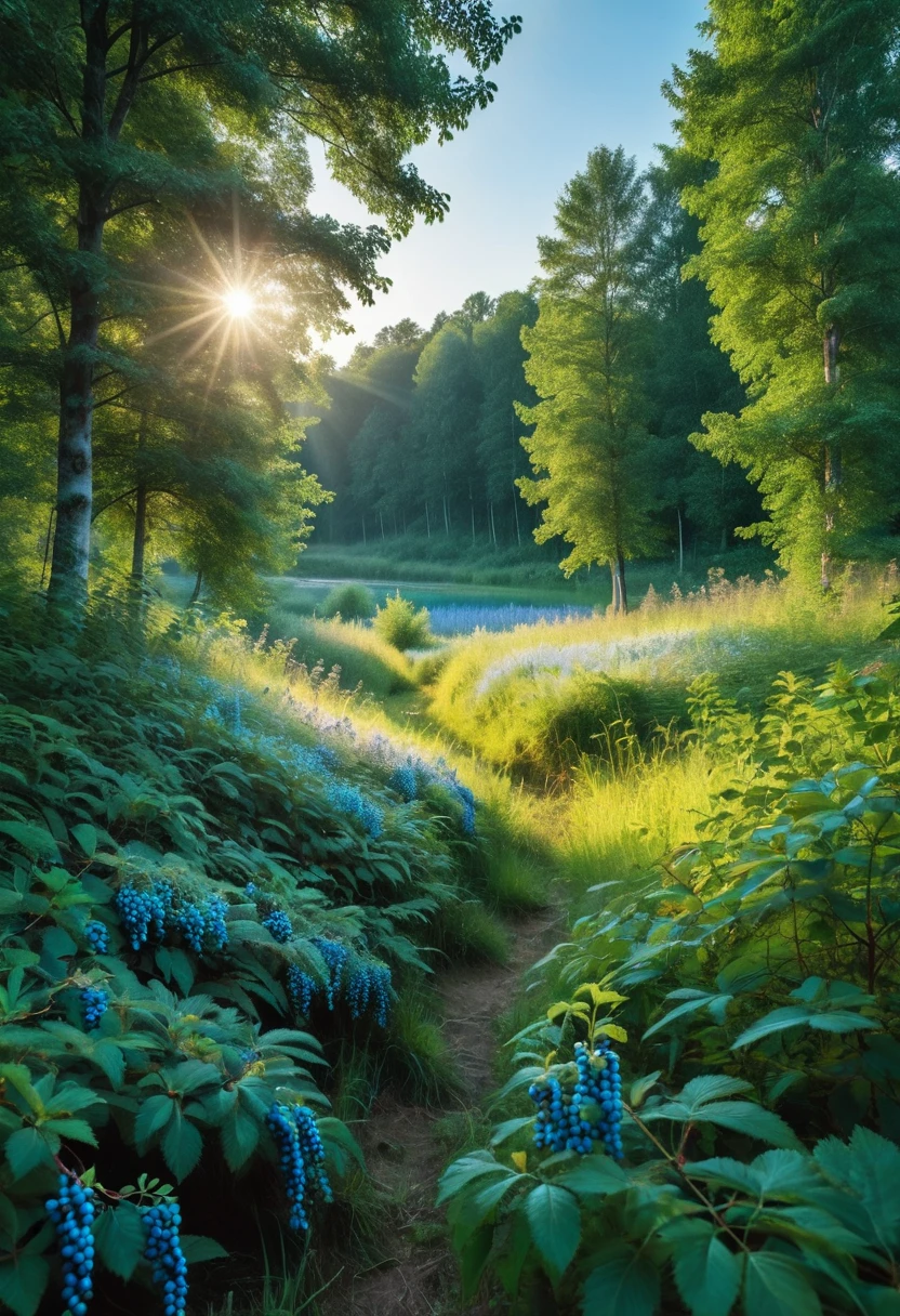 (8k digital nature photography:1.2),
(a summer landscape:1.1) with trees in the distance,
glowing blue clear berries
faetastic