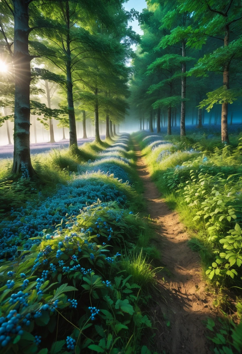 (8k digital nature photography:1.2),
(a summer landscape:1.1) with trees in the distance,
glowing blue clear berries 
faetastic